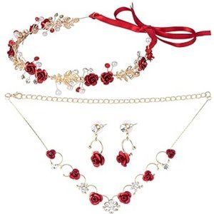 Women Flower Crowns Bride Wedding  Rhinestone Red Rose Hair Accessories